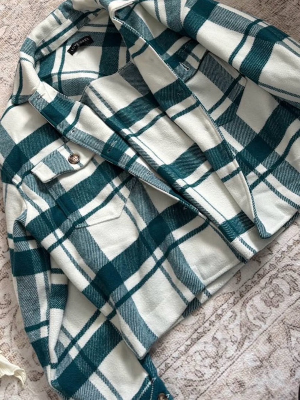 Size small oversized Teal and Ivory Plaid Shacket